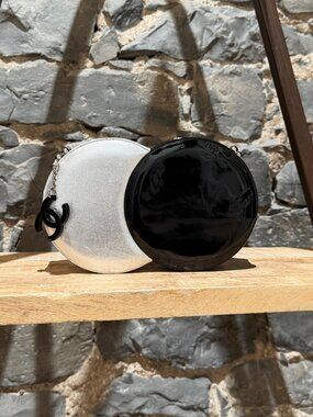 Chanel Black Patent Silver Metallic Double Circle Minaudière Clutch